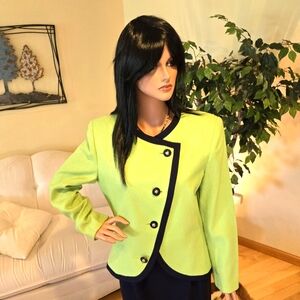 Super Stylish Kasper Lime Green & Black Asymmetrical Woman's Suit Size 12